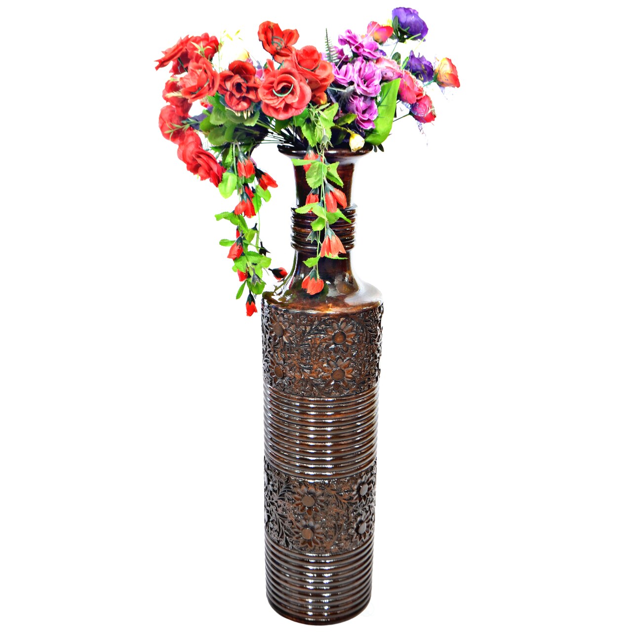 Antique Decorative Brown Hand Curved Mango Wood Floor Flower Vase with Unique Textured Pattern, 36 Inch